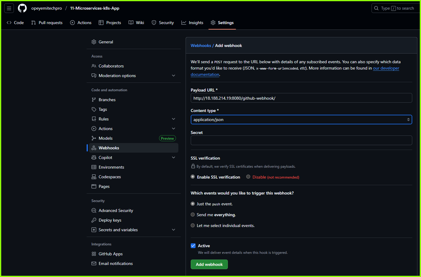 GitHub Webhook Settings